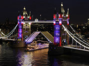 Tower Bridge is lit up by new dynamic lighting during the launch of the lighting system, in readiness for the Queen`s Diamond Jubilee and London 2012 Olympic Games, London.