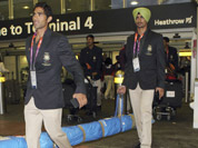 Members of the Indian Olympic Team arrive at Heathrow Airport in London.