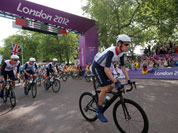 Britain`s Bradley Wiggins leads his teammates as they start the Men`s Road Cycling race at the 2012 Summer Olympics in London.