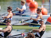 Boats from, bottom to top, Argentina, New Zealand, Great Britain, and Estonia during a men`s rowing double sculls heat in Eton Dorney, near Windsor, England, at the 2012 Summer Olympics.