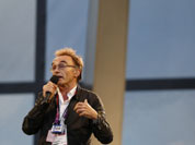 Opening Ceremony artistic director Danny Boyle speaks next to the Olympic Bell ahead of the Opening Ceremony at the 2012 Summer Olympics in London.