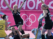 New Zealand`s Stacey Michelsen, celebrates scoring a goal in the first half of the women`s hockey competition preiminary round match against Australia at the 2012 Summer Olympics in London. 