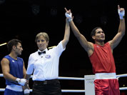 Venezuela`s Gabriel Maestre Perez reacts after defeating Iran`s Amin Ghasemi Pour during their men`s welter 69-kg boxing match at the 2012 Summer Olympics.