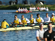 Australia`s Tobias Lister and team members Nicholas Rurnell, Matthew Ryan, Joshua Booth, Thomas Swann, Bryn Coudraye,  Francis Hegerty, and Samuel Loch train for the men`s rowing eight before the start of competition in Eton Dorney, near Windsor, England, at the 2012 Summer Olympics.