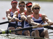 Great Britain`s Andrew Triggs,  Hodge, Tom James, Pete Reed and Alex Gregory stroke to win a men`s rowing four heat in Eton Dorney, near Windsor, England, at the 2012 Summer Olympics.