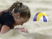 Lenka Hajeckova of the Czech Republic reacts near the end of a loss to the Unirted /States during a beach volleyball match at the 2012 Summer Olympics in London. 