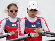 Japan`s Akiko Iwamoto, and Atsumi Fukumoto stroke during their lightweight women`s rowing double sculls repechage win Eton Dorney, near Windsor, England, at the 2012 Summer Olympics.