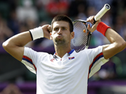 Novak Djokovic of Serbia celebrates his victory over Lleyton Hewitt of Australia at the All England Lawn Tennis Club in Wimbledon, London at the 2012 Summer Olympics.