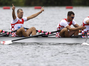Croatia`s, from right, Valent Sinkovic, Damir Martin, Martin Sinkovic and David Sain celebrate after winning a men`s quadruple rowing sculls semifinal in Eton Dorney, near Windsor, England, at the 2012 Summer Olympics.