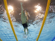 United States` Michael Phelps competes in the men`s 4x200-meter freestyle relay swimming final at the Aquatics Centre in the Olympic Park during the 2012 Summer Olympics in London.