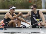 New Zealand`s Joseph Sullivan, left, and Nathan Cohen celebrate after winning the gold medal for the men`s rowing double sculls in Eton Dorney, near Windsor, England, at the 2012 Summer Olympics.