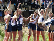 Caryn Davies, Caroline Lind, Eleanor Logan, Meghan Musnicki, Taylor Ritzel, Esther Lofgren, Zsuzsanna Francia, and Erin Cafaro throw coxswain Mary Whipple into the water after winning the gold medal for the women`s rowing eight in Eton Dorney, near Windsor, England.