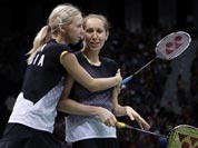 Russia`s Valeria Sorokina, right, and Nina Vislova celebrate after winning the women`s doubles badminton bronze medal match over Canada`s Alex Bruce and Michelle Li at the 2012 Summer Olympics.