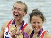 Great Britain`s Katherine Copeland, left, and Sophie Hosking celebrate after winning the gold medal for the lightweight women`s rowing double sculls in Eton Dorney, near Windsor, at the 2012 Summer Olympics.