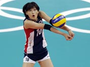 South Korea`s Kim Yeon-koung (10) prepares to pass the ball to a teammate against Chinaduring a women`s volleyball preliminary match at the 2012 Summer Olympics.