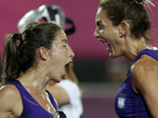 Argentina`s Luciana Aymar, right, celebrates her goal during a women`s hockey preliminary match against Germany at the 2012 Summer Olympics.