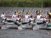 Hungary`s Gabriella Szabo, Danula Kozak, Katalin Kovacs and Krisztina Fazekas paddle in a women`s kayak four 500m heat in Eton Dorney, near Windsor, England, at the 2012 Summer Olympics.