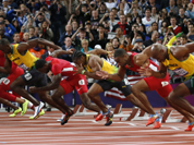 From right, Trinidad`s Richard Thompson, Jamaica`s Asafa Powell, United States` Tyson Gay, Jamaica`s Yohan Blake, United States` Justin Gatlin, Jamaica`s Usain Bolt, United State`s Ryan Bailey, and Netherlands` Churandy Martina start in the men`s 100-meters final during the athletics in the Olympic
