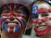 Supporters pose prior to the men`s handball quarterfinal match between Iceland and Hungary at the 2012 Summer Olympics.